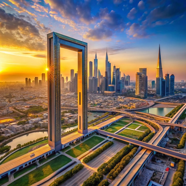 Foto vista aérea do quadro de dubai e do horizonte do centro dos arranha-céus e das finanças