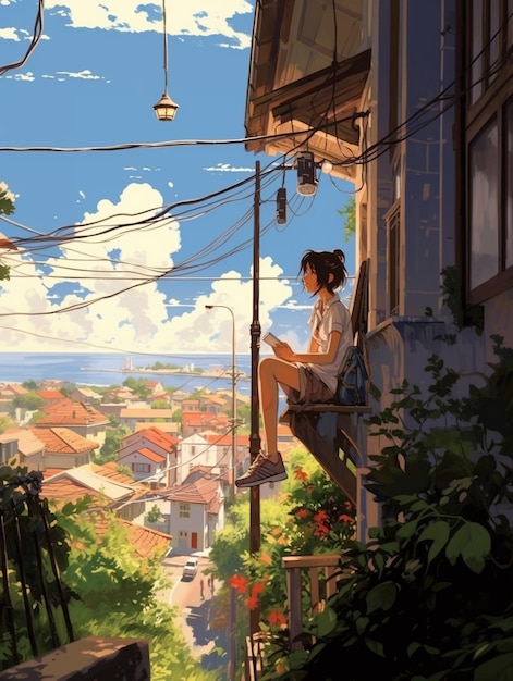 Premium Photo | Anime girl sitting on a ledge looking out over a town ...