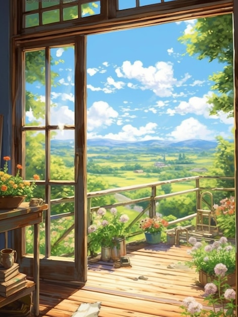 Premium AI Image | anime scenery of a balcony with a view of a valley ...