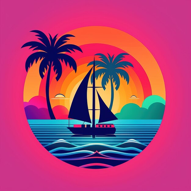 Premium Photo | A colorful poster with palm trees and a sailboat on the ...