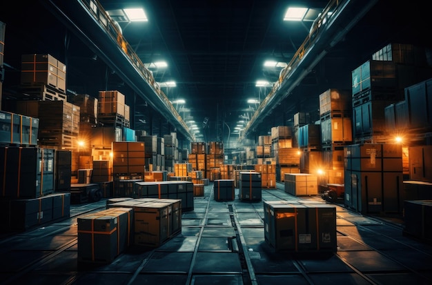 Premium AI Image | a dark warehouse full of boxes image.