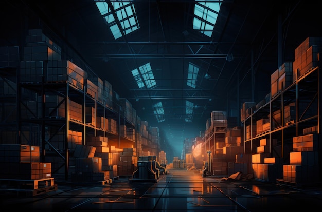 Premium AI Image | a dark warehouse full of boxes image.