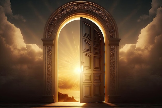 The door from the real world to heaven surrounded by a golden glow ...