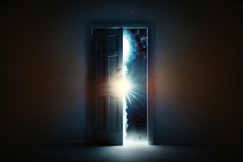 Premium Photo | Door with heavenly light shining through against starry ...