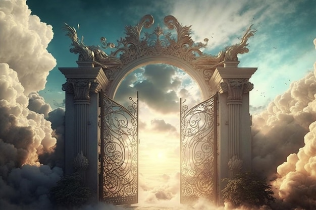 Premium AI Image | A gate in the clouds with the sun shining on it