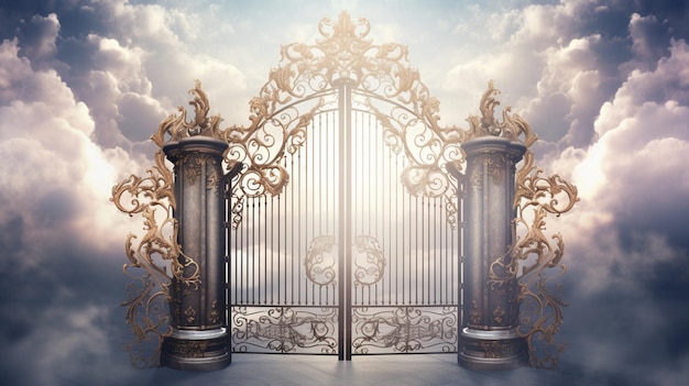 Premium Photo | Gates and light are hanging above clouds in the style ...