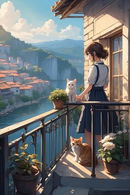 Premium Photo | Girl at the balcony with cat enjoying view anime ...