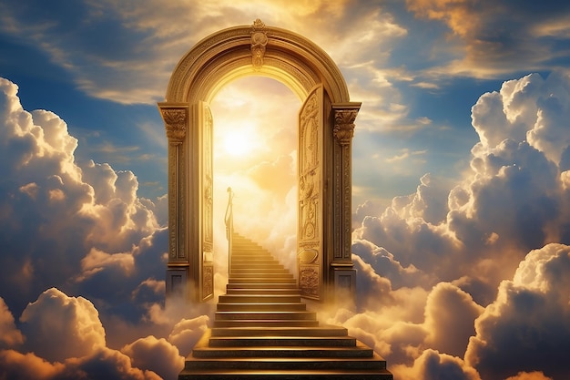 Premium Photo | Golden door in the clouds with stairway to heaven