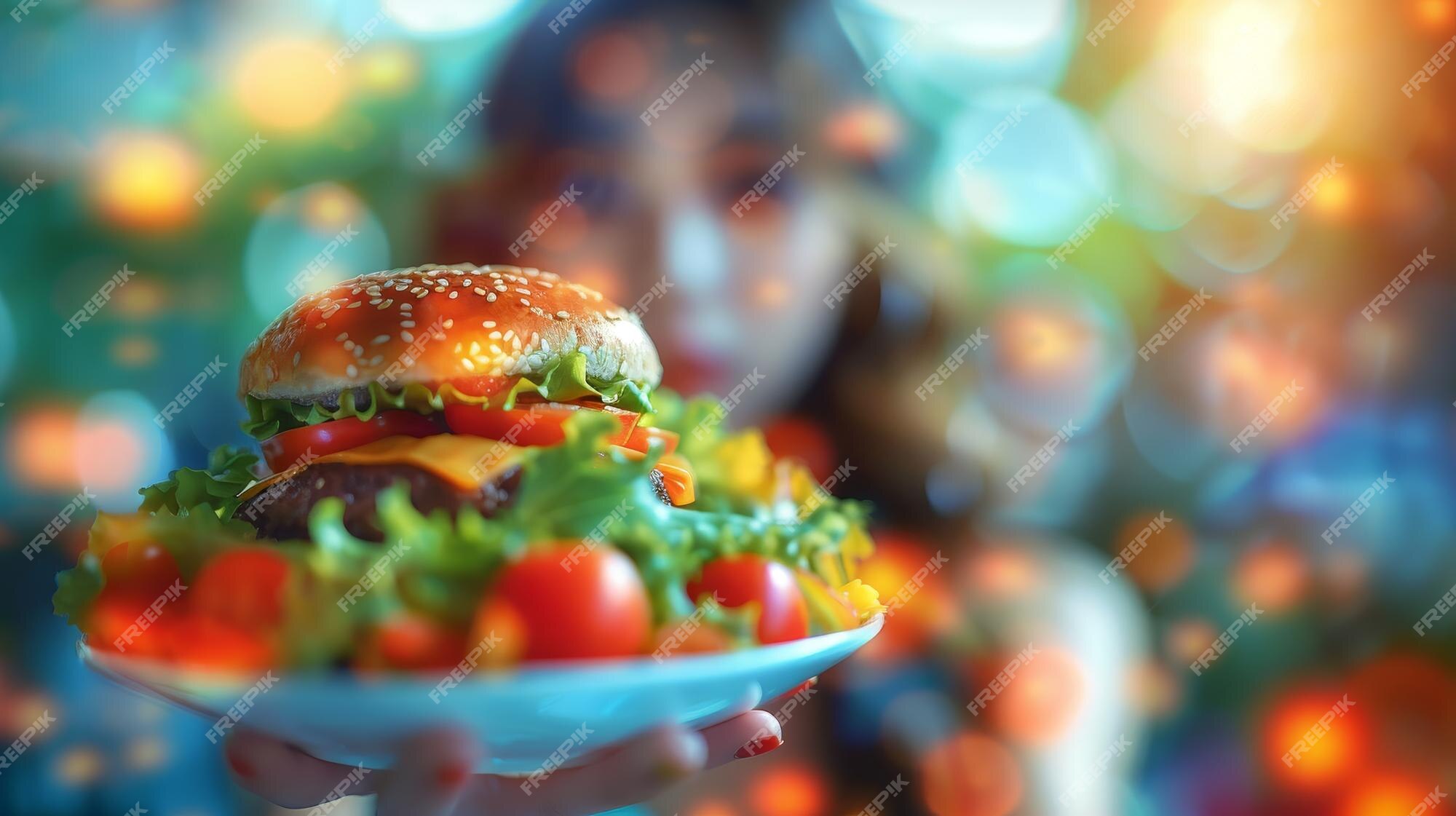 Premium Photo | Hamburger in woman hand on bokeh light background