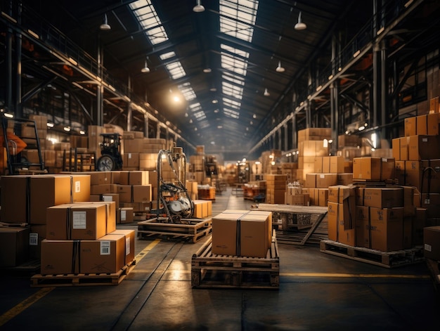 Premium AI Image | A large warehouse with multiple stacks of boxes ...