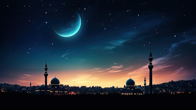 Premium AI Image | Mosques and Crescent Moon against twilight sky ...