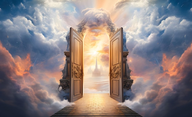 Mystical door to heaven with a man or woman standing at the entrance to ...