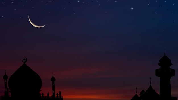 Premium Photo | Silhouette dome mosques and crescent moon stars on dusk ...