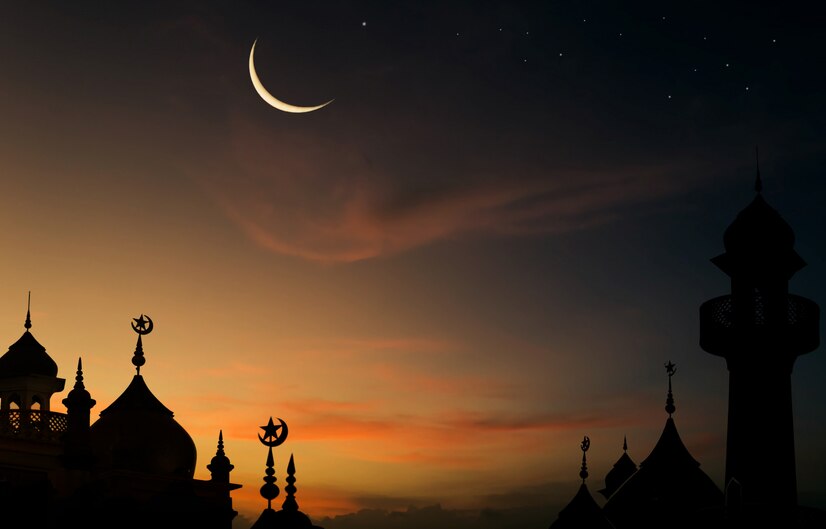 Premium Photo | Silhouette dome mosques on dusk sky and crescent moon