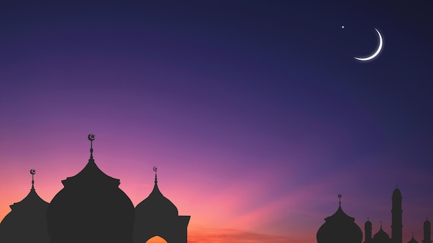 Premium Photo | Silhouette Mosque Domes and Crescent Moon with star on ...