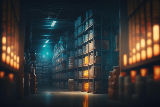 Premium AI Image | Warehouse with Packages on Shelves and Blurred Lights AI