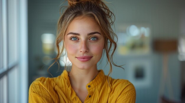 Premium Photo | Woman with messy topknot in yellow shirt