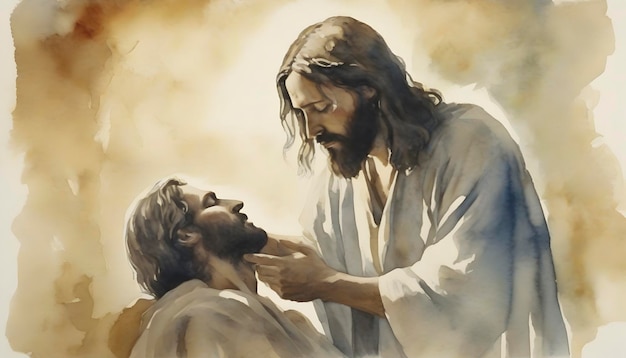 Premium PSD | Watercolor painting of Jesus Christ healing a Man Born Blind