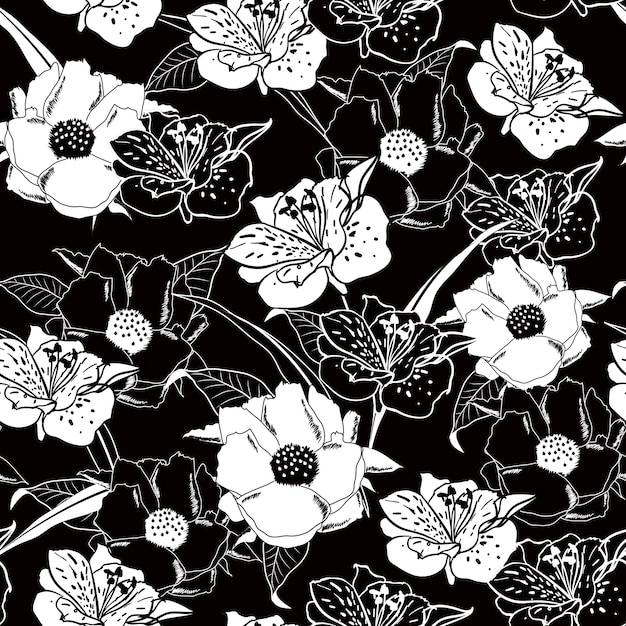 Premium Vector | Black and white outline seamless floral pattern.