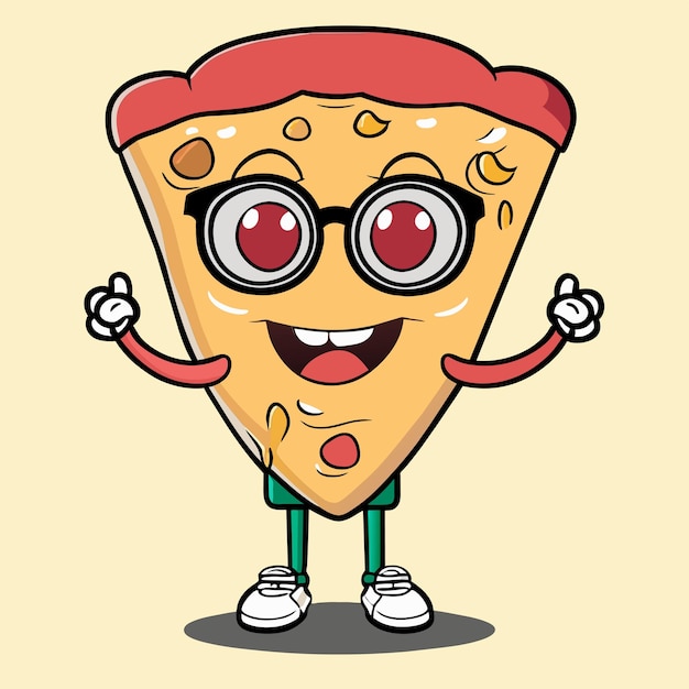 Premium Vector | Cute pizza slice wearing glasses with thumbs up ...