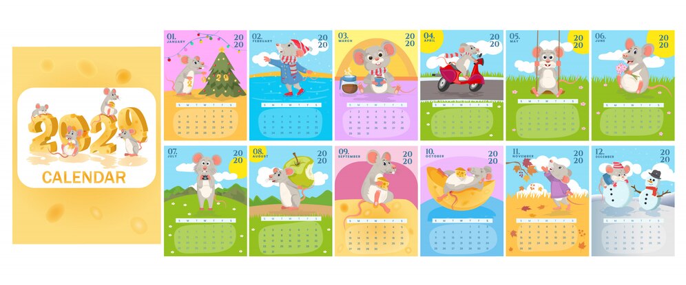 Premium Vector | Monthly creative calendar 2020 with cute rats or mice ...