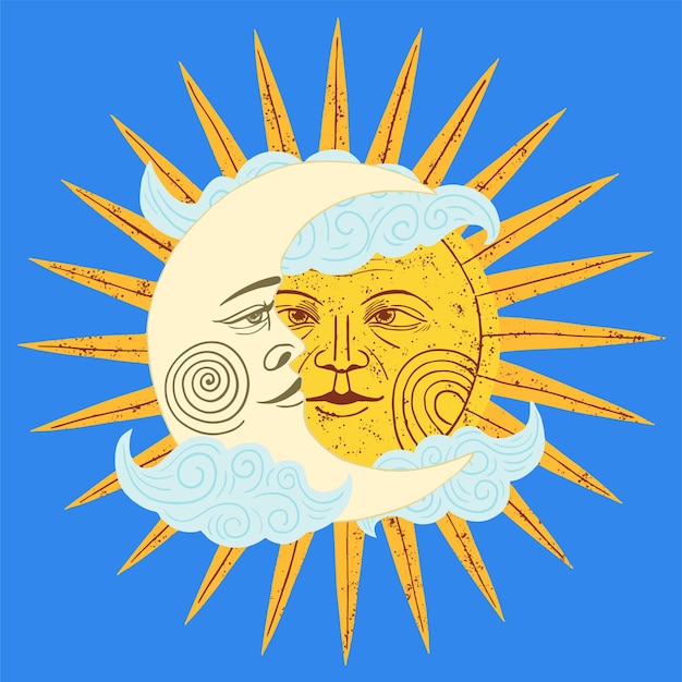 Premium Vector | Moon and Sun together. Vector illustration in retro style