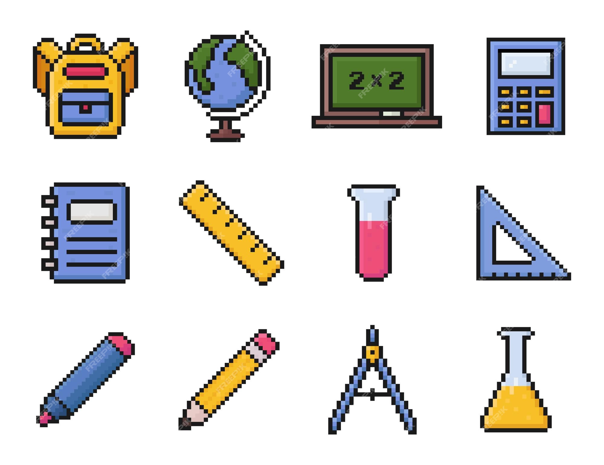 Premium Vector | School supplies pixel art icon set education items