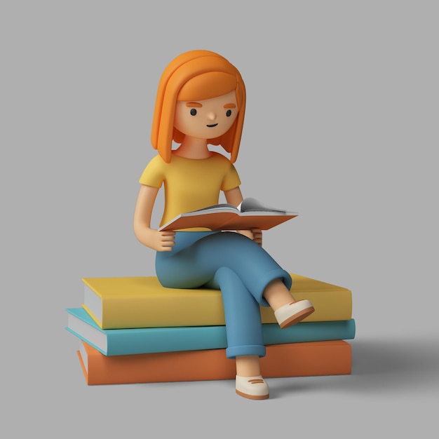 PSD grátis 3d personagem feminina lendo um livro