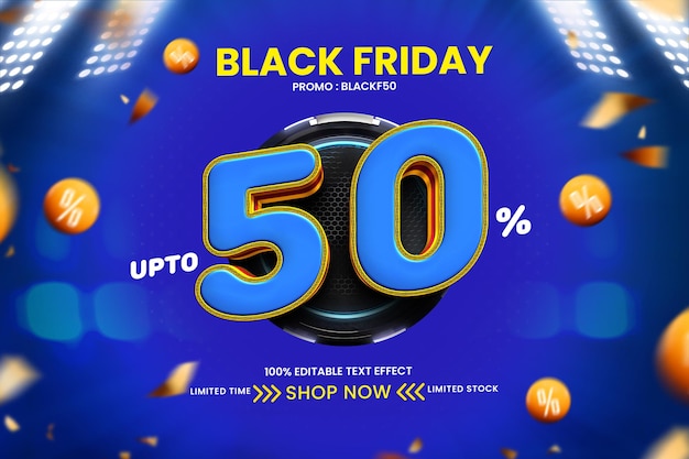 PSD grátis banner de promoção da black friday 50 com efeito de texto editável