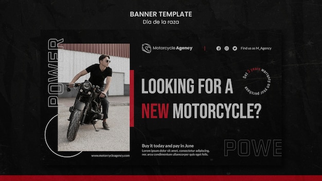 PSD grátis modelo de banner para agência de motocicletas com piloto masculino