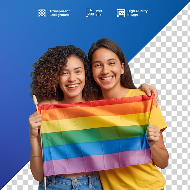 PSD amigas sorridentes segurando bandeira do arcoris orgulho lgbt amigos sorrindo segurando a bandeira do arco-íris