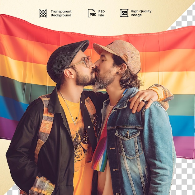 PSD casal de homens se beijando com bandeira do arcoris ao fundo amor homens lgbt casal beijando