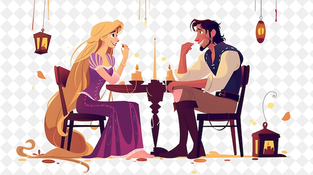 PSD torre emaranhada com rapunzel e flynn rider tendo uma ilustração plana do estilo de vida das pessoas românticas