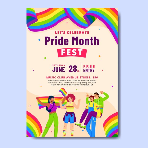 Modelo de cartaz vertical de mês de orgulho lgbt plano