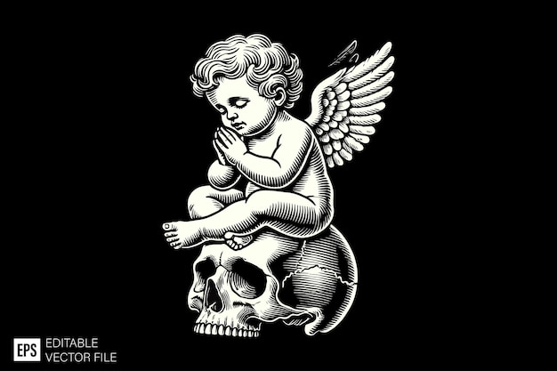 Vetor bebê anjo cupido estilo de arte escura design vetorial ilustração em preto e branco