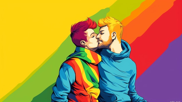 Vetor um cartaz de dois homens se beijando e um tem um fundo colorido arco-íris