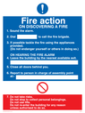 Fire Action Sign with exclamation and prohibited symbols Text: 