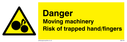 hand in machinery in warning triangle Text: 