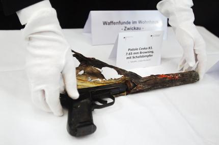 Beweisaufnahme: The Ceska 83 7.65mm Browning, used in the so called 'Ceska murders' is presented during a press conference about ongoing criminal investigations of the National Socialist Underground (NSU) at the Federal Court of Justice on December 1, 2011 in Karlsruhe, Germany.