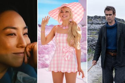 Filme 2023: Greta Lee in “Past Lives” (Studiocanal), Margot Robbie in “Barbie” (Warner Bros.) und Colin Farrell in “The Banshees of Inisherin” (Disney)