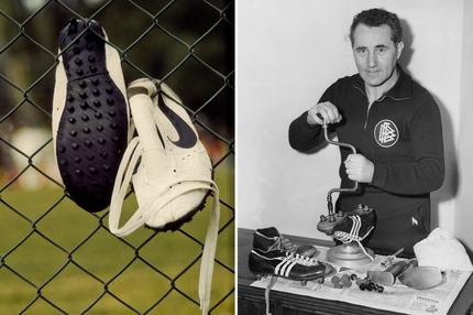 Sportartikelhersteller: Track and Field Bill Bowerman s original Nike Waffle Shoe made with a waffle iron in 1972 Eugene Hayward Field Oregon US

Der Gründer der Sportartikelfirma adidas, Adolf Dassler, dreht am 30.11.1954, einen Tag vor dem Spiel der deutschen Nationalmannschaft gegen England im Londoner Wembley-Stadion, die passenden Stollen in die Schuhe der Nationalspieler.