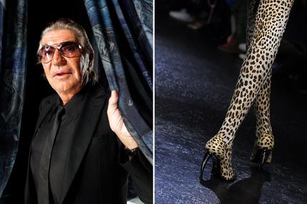 Roberto Cavalli: links: Italian designer Roberto Cavalli poses before the show of Just Cavalli Spring/Summer 2011 women's collection during Milan Fashion Week September 25, 2010. REUTERS/Alessandro Garofalo (ITALY - Tags: FASHION) rechts: TOPSHOT - A model presents a creation during the Roberto Cavalli's Women Fall/Winter 2022-2023 collection as part of the Milan Fashion Week in Milan, on February 23, 2022. (Photo by Tiziana FABI / AFP) (Photo by TIZIANA FABI/AFP via Getty Images)