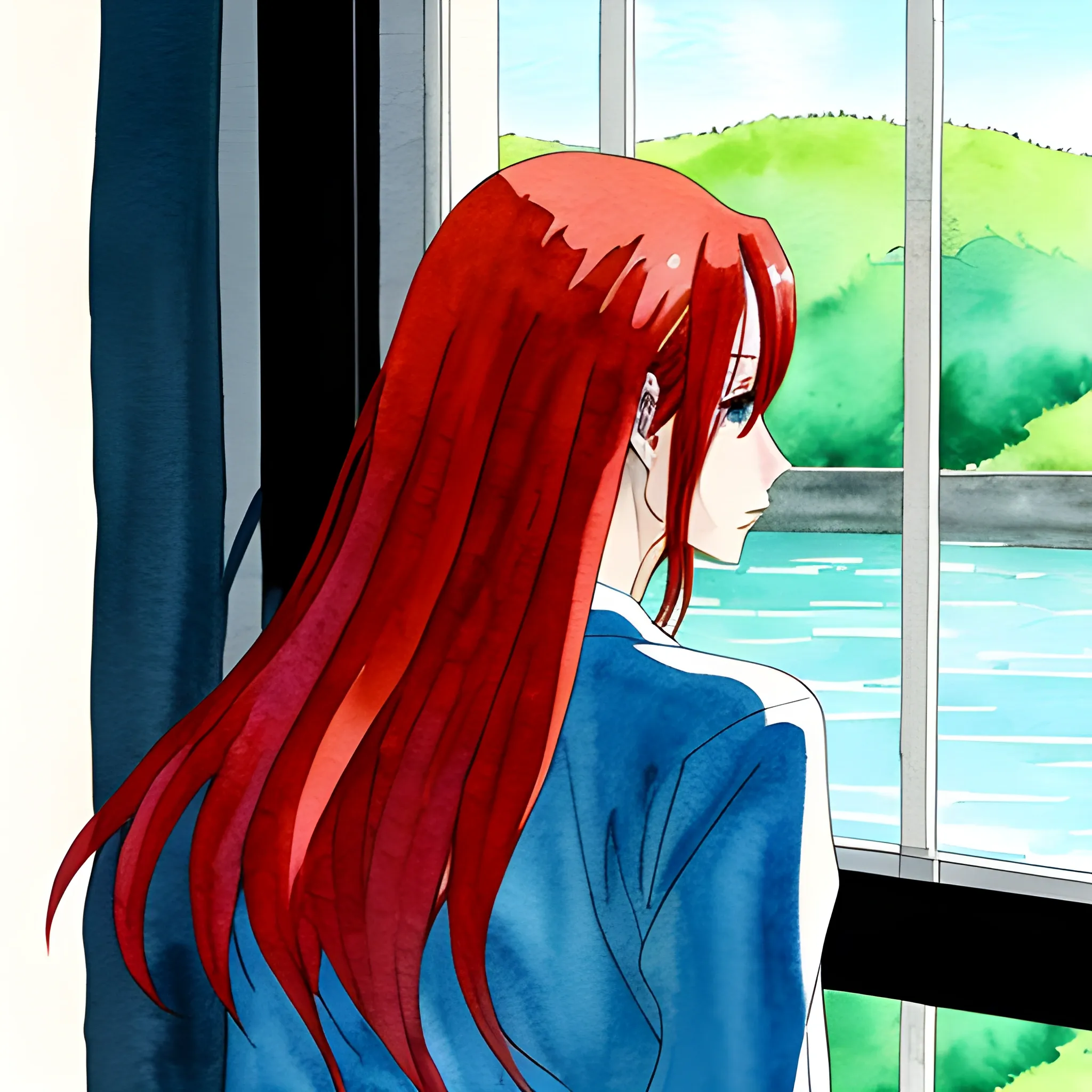 anime girl with red hair looking out the window, Water Color