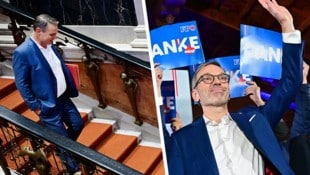 Andreas Babler muss keinen Abgang machen, er blickt aber ungewissen Zeiten entgegen. ++ Großer Jubel und ein verdienter freier Tag hingegen für FPÖ-Chef Herbert Kickl  (Bild: Krone KREATIV/APA/ROLAND SCHLAGER)