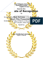 Certificate of Recognition: Best Actress English VI Short Film Presentation