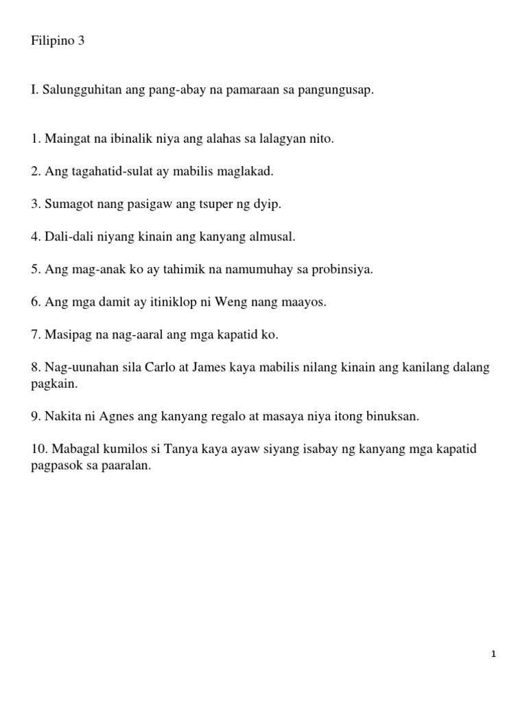 Filipino 3 - Pang Abay Worksheets | PDF