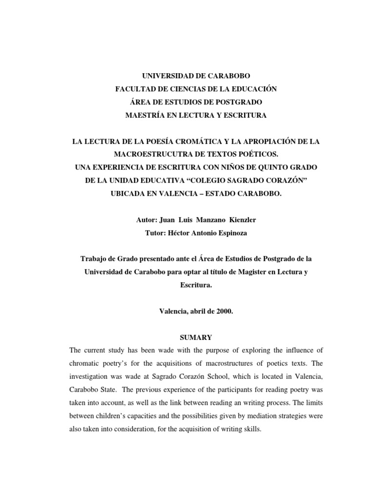 LA LECTURA DE LA POESÍA CROMÁTICA Luis Manzano Kienzler | PDF ...