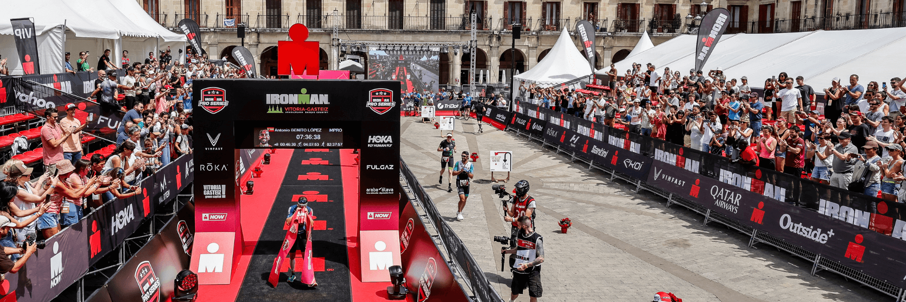 Celebrating at the Finish line at the IRONMAN VItoria-Gasteiz