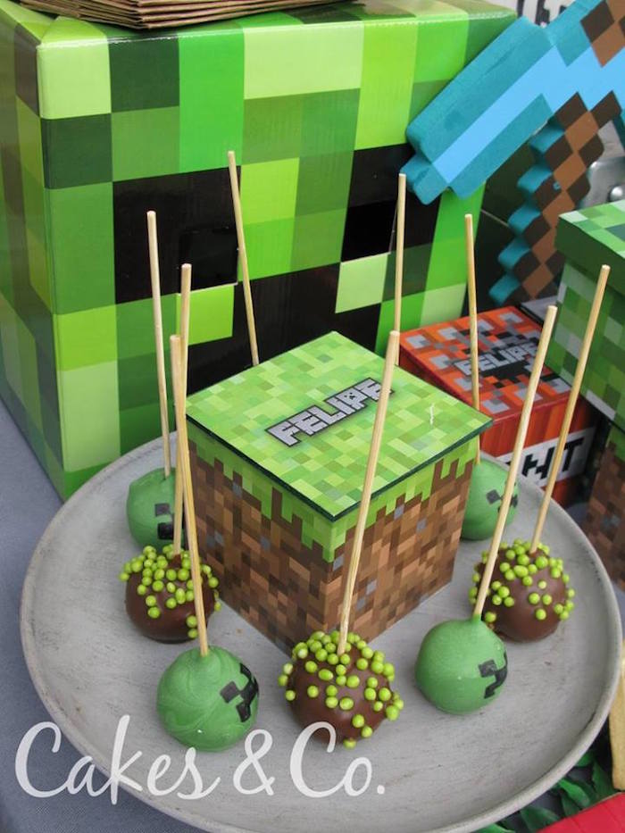 Creeper cake pops from a TNT Minecraft Birthday Party via Kara's Party Ideas KarasPartyIdeas.com (15)