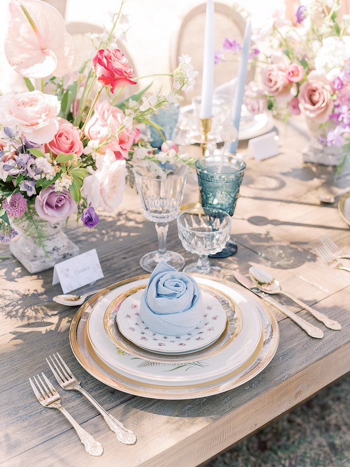 Elegant Table Setting from a Bridgerton Inspired Baby Shower on Kara's Party Ideas | KarasPartyIdeas.com